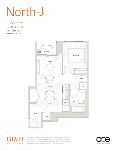 Floor plan for 1 bed, 1 bath, 582 sqft